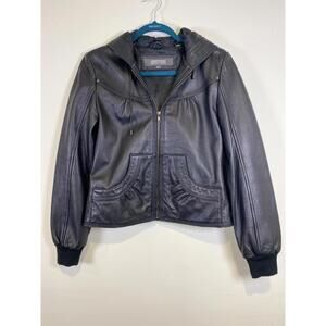 Kenneth Cole Reaction Black Leather Hooded Jacket Small Y2K Moto